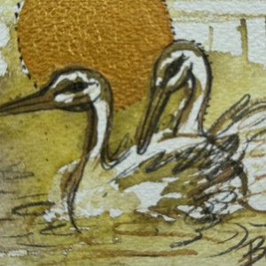 Original Watercolor -  Gold Moon Mossy Swan Glow