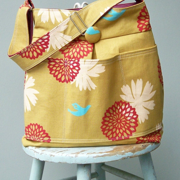 Handmade Reversible Diaper Bag - Yellow Bird and Barn Red - Adjustable Strap