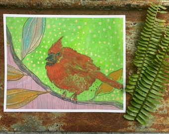 May include: A painting of a red cardinal perched on a branch with a green and white background. The bird is painted in a realistic style with details of its feathers and beak.