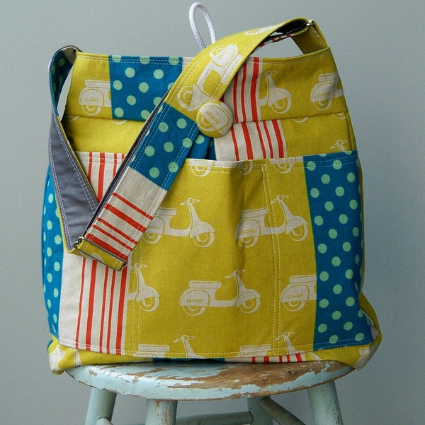 Blue Grey Diaper Bag Retro Scooters, 6 Pockets, Reversible, Adjustable Strap