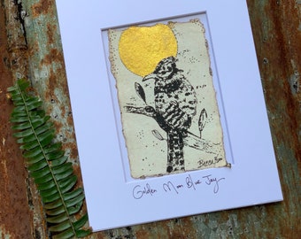 Golden Moon Blue Jay  - Original Painting & Print