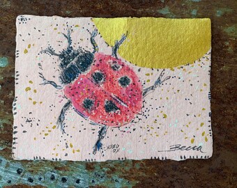 Original Watercolor -  Gold Moon Lady Bug