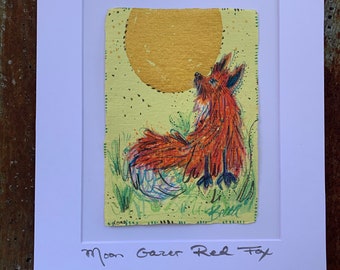 Original Watercolor -  Gold Moon Red Fox Night