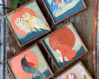 Set of 5 Animal Paintings - Owl Fox Blackbird Bluebird