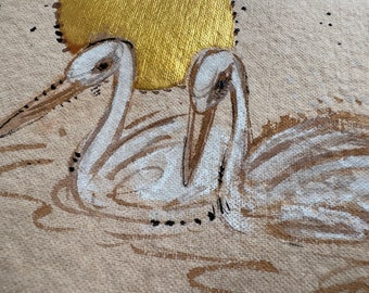 Original Watercolor -  Gold Moon Bashful  Swans