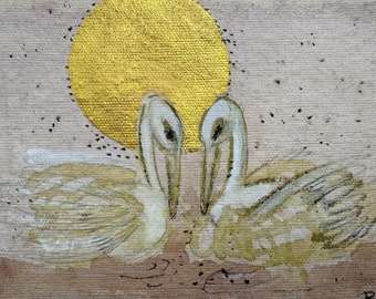 Original Watercolor -  Gold Moon Bashful Swans