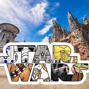 May include: A colorful "STAR WARS" logo with characters from the franchise, including R2-D2, Darth Vader, and Yoda, against a backdrop of a desert-themed amusement park.