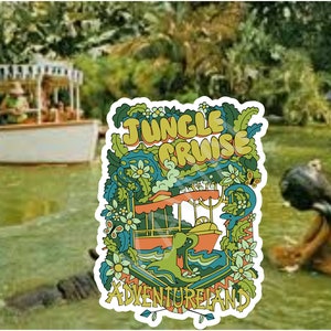 May include: A vintage-style image featuring a boat on a river, with passengers under a striped canopy. A sticker with the words "Jungle Cruise Adventureland" is in the foreground. A hippo is visible in the water. Lush green foliage surrounds the scene.