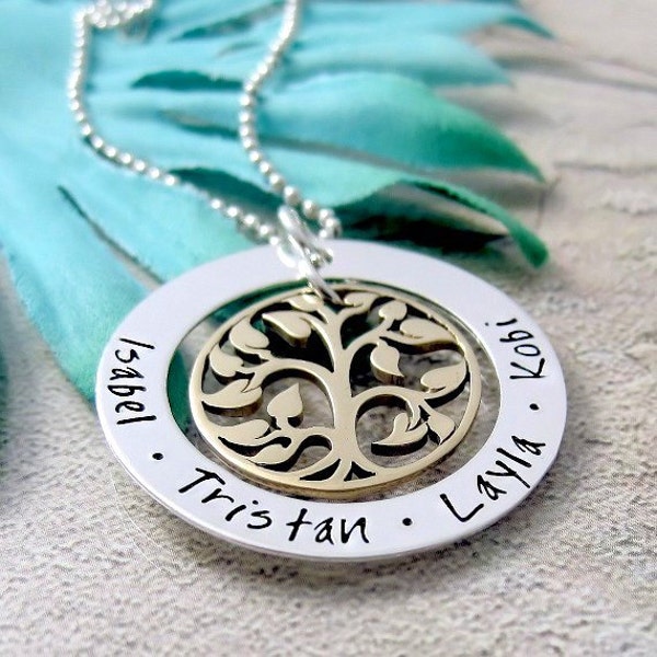 Personalized Family Tree Mothers Necklace - Hand Stamped Jewelry - Sterling Silver and Bronze Necklace