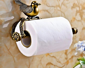 Bathroom Toilet Paper Roll Holder in Antique Brass Finish and Unusual, Creative Bird and Flower Style