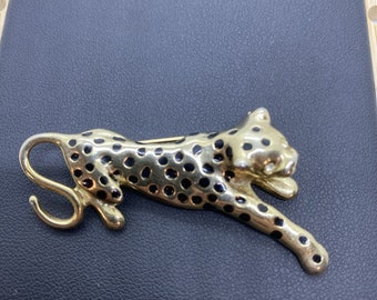 Vintage Leopard Brooch Gold Tone Jaguar Pin Clear Enamel Rhinestone Eyes