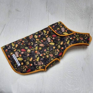 May include: A black quilted dog vest with a yellow trim and a woodland-themed print featuring leaves, acorns, and small animals. The vest has a label that reads "Pawfect Alley".