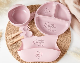 Personalized Weaning Set For Baby Kids,Silicone Weaning Set,5PC Baby Feeding Set,Eco-Friendly Silicone Meal Set,Baby Girl Gift,Newborn Gift