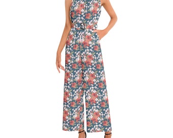 Neckholder Schnalle Gürtel Jumpsuit, Rüschensaum Neckholder Maxi Kleid, Fit und Flare Kleid, Vintage inspirierte Swing Midi Kleid Frauen