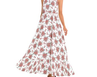 Abito maxi con scollo all'americana e orlo con volant, abito aderente e svasato, abito midi swing di ispirazione vintage da donna