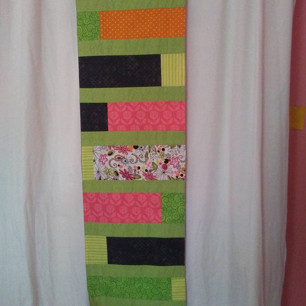 Scrap fabric table runner, random blocks, stripes, reversible, machine washable, free shipping green pink black orange floral polka dot