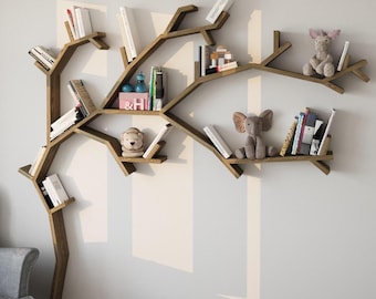 Wooden Tree Branch Bookshelf, Handmade from Natural Pine Wood, Floating Shelf, Nursery Room Decor, Kids Room Bookshelf, Wall Decor
