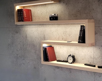 Solid Pine Wood Floating Shelves / Any Size Customizaton / Wall Mounted Wooden Shelf with LED / Solid Wood Wall Decor / Floating Shelf