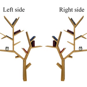 May include: A wooden bookshelf shaped like a tree with multiple branches and shelves. The bookshelf is empty except for a few books and two alarm clocks.