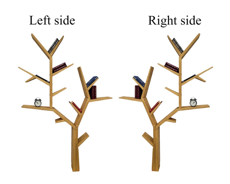 May include: A wooden bookshelf shaped like a tree with multiple branches and shelves. The bookshelf is empty except for a few books and two alarm clocks.