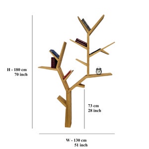 May include: A wooden bookshelf shaped like a tree with multiple branches and shelves. The bookshelf is 70 inches tall, 51 inches wide, and 28 inches deep.