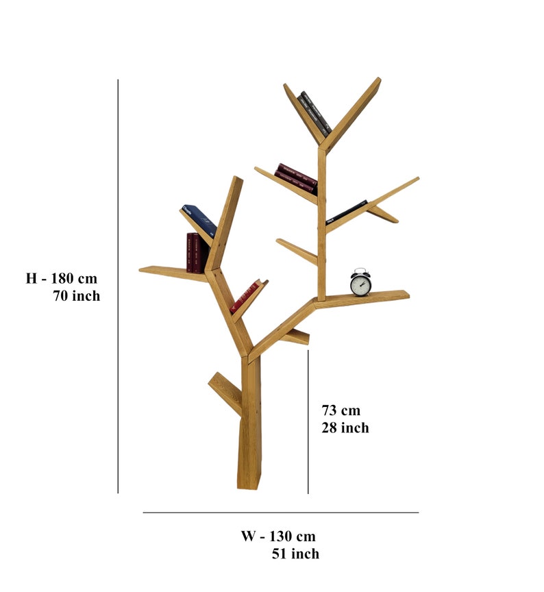 May include: A wooden bookshelf shaped like a tree with multiple branches and shelves. The bookshelf is 70 inches tall, 51 inches wide, and 28 inches deep.