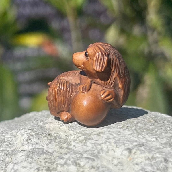 Ojime Bead Puppy Dog Playing with Ball for Netsuke Hand Carved Boxwood Ojime
