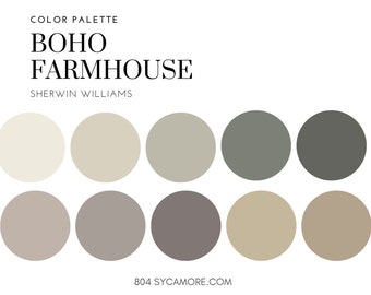 Boho Farmhouse Home Color Palette, Sherwin Williams, Interior Paint Palette, Professional Paint Scheme, Color Selection, Interior Design