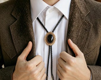 Vintage Obsidian Bolo Tie – Southwestern Cowboy Necktie, Groomsmen Wedding Gift