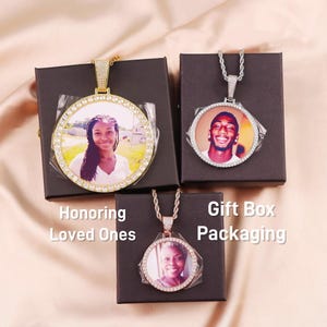 Iced Out 3 Sizes Round Personalized Family Member Picture Pendants,Custom Photo Pendant Necklace,Engrave Text,Hiphop Jewelry Memory Gifts