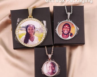 Custom Picture Necklace, Personalized Necklace With Photo, Engraving Necklace, Hip Hop Round Pendant Iced Out Cubic Zircon, Gift for him/her