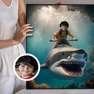 Personalized Child Riding Shark Portrait, Custom Megalodon Portrait From Photo, Personalized Shark Portrait