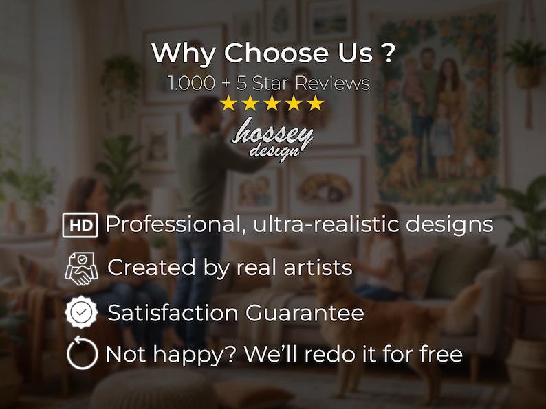 HosseyDesign shop guarantees and five star reviews