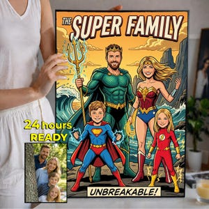 Copertina Fumetto Personalizzata da Foto • Ritratto Supereroe Regalo Famiglia • Poster Stile Pop Art Vintage Retro • Digital