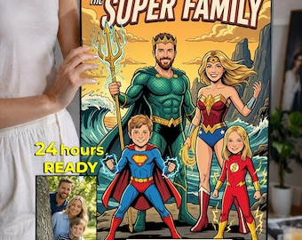 Custom Superhero Family Portrait, Comic Book Cover From Photo, Gift for Dad or Mom