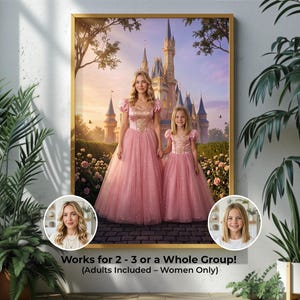 Mother and daughter princess portrait in matching pink gowns in front of a castle