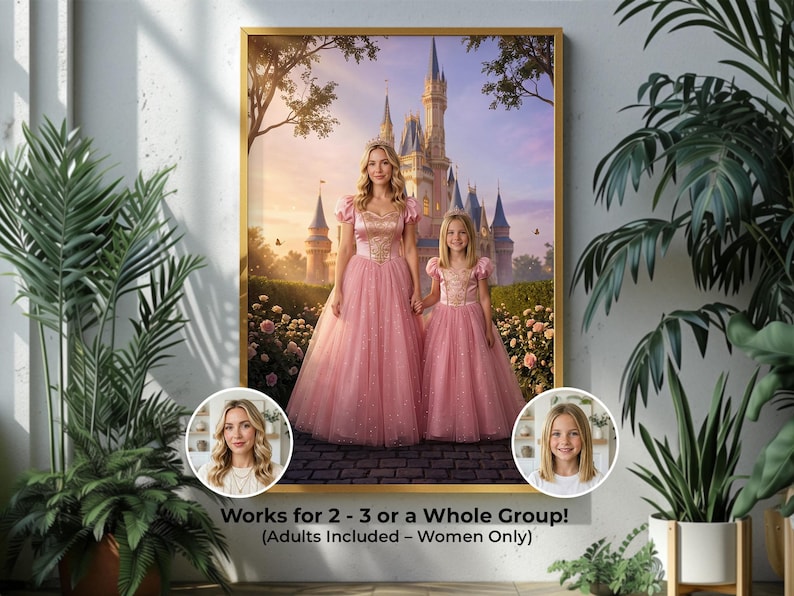 Mother and daughter princess portrait in matching pink gowns in front of a castle