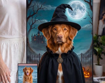 Custom Halloween Dog Portrait from Photo, Witch Hat Pet Costume Art, Personalized Puppy Decor