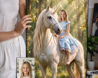 Personalized Princess Riding Unicorn Portrait from Photo, Custom Girl Fantasy Art