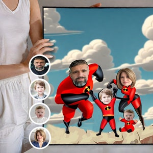 Personalisierte Unglaubliche Superhelden-Karikaturporträt, Superhelden-Familienporträt, Familiengeschenk, Karikatur, Supervater, Superfamilienkarikatur
