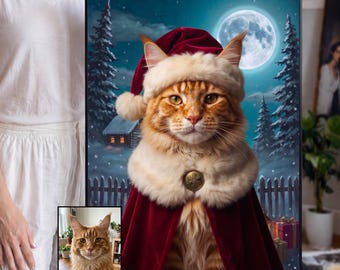 Custom Christmas Cat Portrait from Photo, Santa Costume Pet Art, Personalized Name Kitty Print