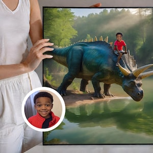 Portrait personnalisé de dinosaure jurassique chevauchant un tricératops, portrait personnalisé à partir d'une photo, portraits personnalisés, tricératops jurassique