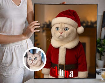 パーソナライズされた猫の肖像画 – サンタの衣装にペットの名前入り、印刷可能なデジタルアート