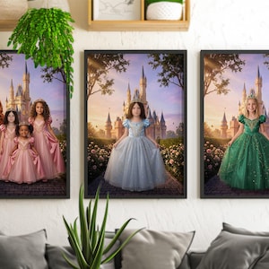 Three framed princess portraits showing pink group, blue and green dress color options