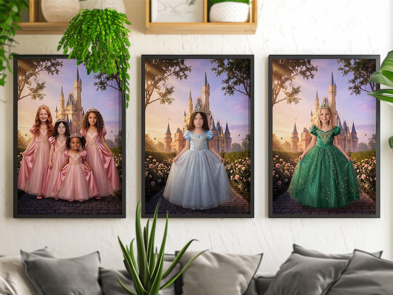 Three framed princess portraits showing pink group, blue and green dress color options