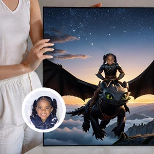 Girl Riding Dragon Child Portrait, Custom Portrait from Photo, Dragon, Birthday Party, How to Train Your Dragon, Personalized Portraits
