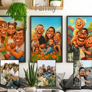 Custom family cartoon portraits comparison, father with kids and happy family drawings from photos, digital caricature art for home decoration.