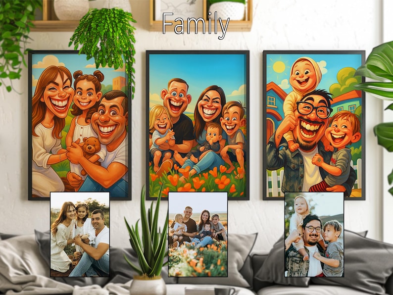 Custom family cartoon portraits comparison, father with kids and happy family drawings from photos, digital caricature art for home decoration.