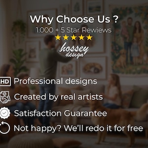 以下が含まれることがあります： 「Why Choose Us?」と「hossey design」のテキストがスタイリッシュなフォントで表示された画像。画像には「Professional designs」、「Created by real artists」、「Satisfaction Guarantee」というフレーズも含まれています。背景には家族が写っています。