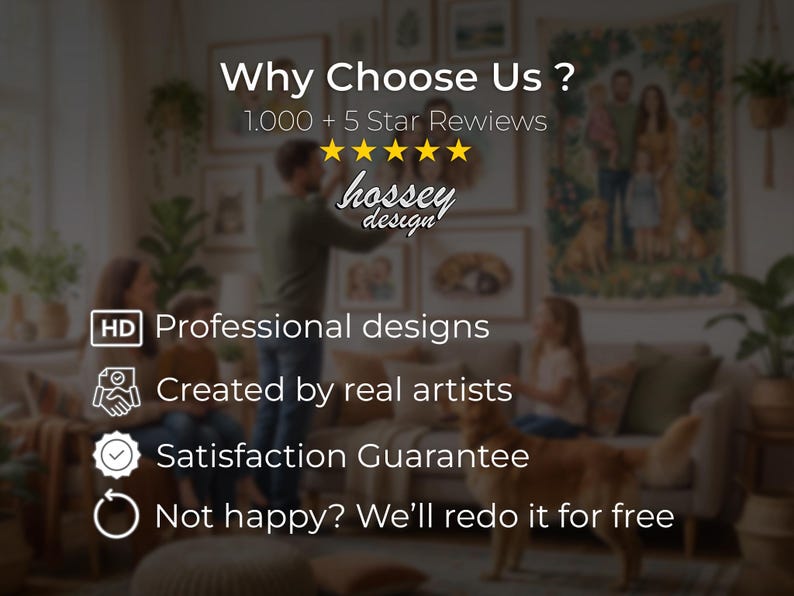 以下が含まれることがあります： 「Why Choose Us?」と「hossey design」のテキストがスタイリッシュなフォントで表示された画像。画像には「Professional designs」、「Created by real artists」、「Satisfaction Guarantee」というフレーズも含まれています。背景には家族が写っています。